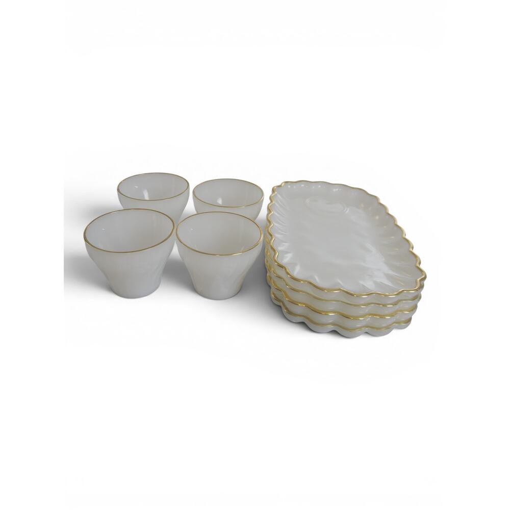 Vintage Anchor Hocking Milk Glass Snack Set 4 Cups 4 Trays Gold Trim